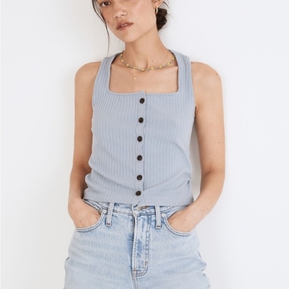 Madewell Blue Ribbed Button-Down Tank Top - Picture 4 of 8
